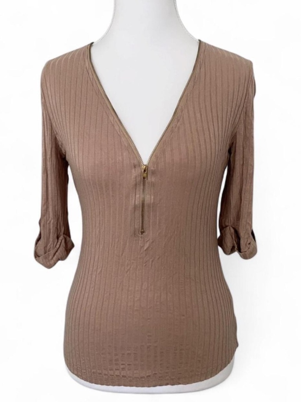 Ribbed V-Neck Zip Front Women’s Top - Taupe